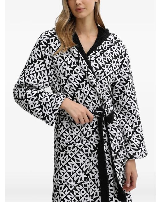 DKNY White Hooded Geometric Print Robe