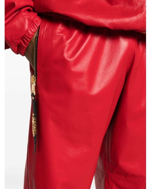 Moschino Red Logo-plaque Leather Track Pants for men