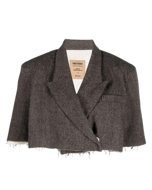Uma Wang Black Herringbone-Pattern Wool Cropped Blazer