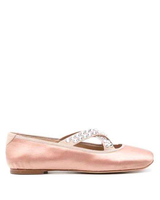 Casadei Pink Rhinestone-embellished Satin Ballerina Shoes