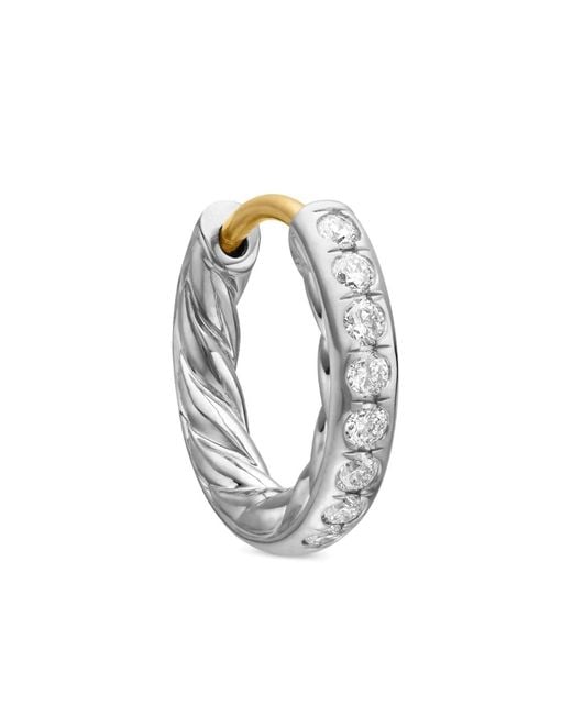 David Yurman White Sterling Sculpted Cable Diamond Huggie Hoop Earrings (13Mm)