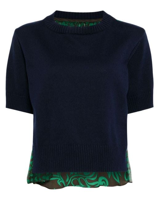 Sacai Blue Printed-panel Ribbed Knitted Top
