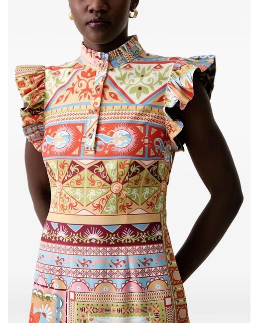 Never Fully Dressed Orange Graphic-Print Ruffled-Sleeve Midi Dress