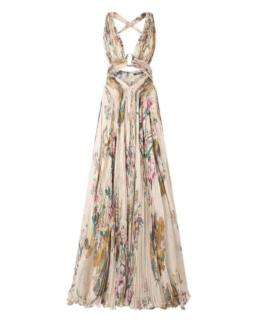Roberto Cavalli Natural Pleated Floral-Print Dress