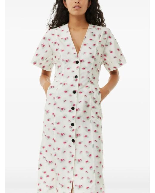Ganni White Floral-Print Organza Midi Dress
