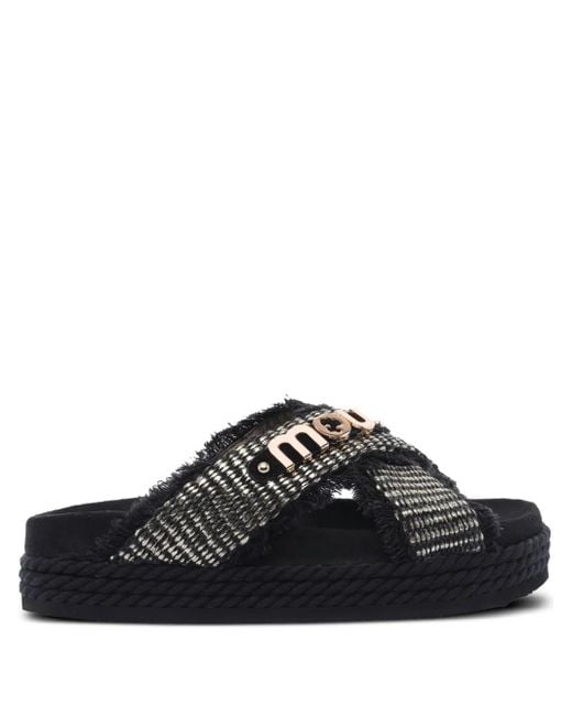 Mou Black Frayed-Strap Platform Sandals