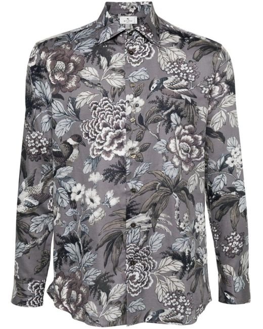 Etro Gray Floral-Print Cotton Shirt for men