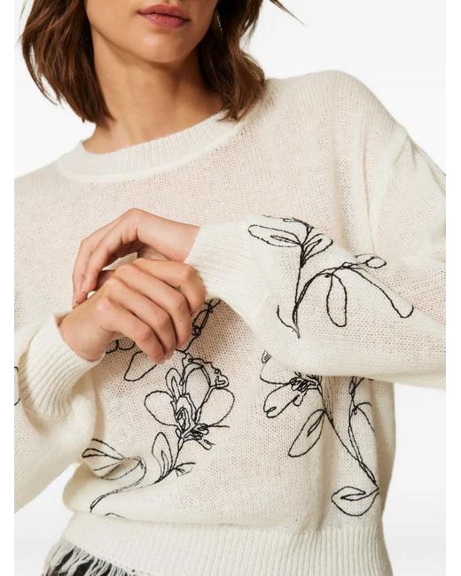 Twinset White Jumper With Floral Embroidery And Fringes