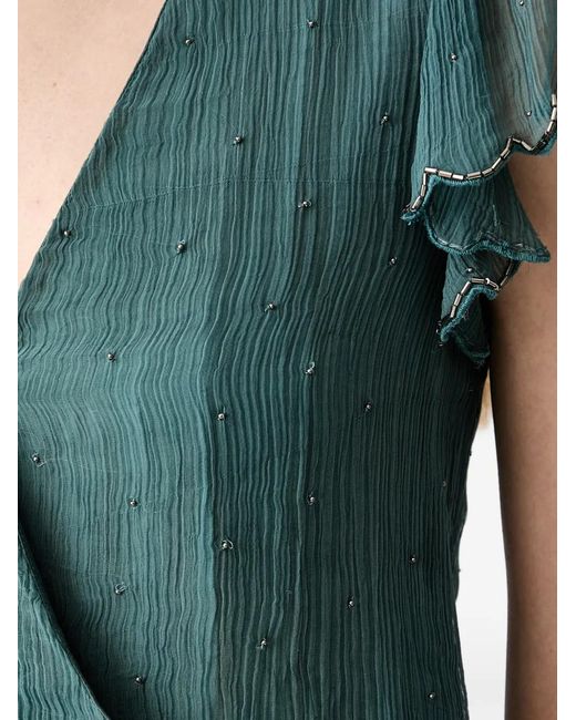 INTROPIA Green Beaded Short-Sleeved Wrap Midi Dress