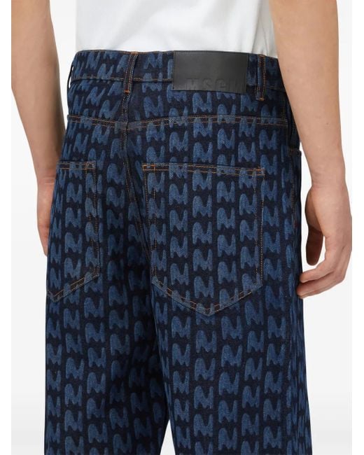 MSGM Blue Monogram-Print Cotton Jeans for men