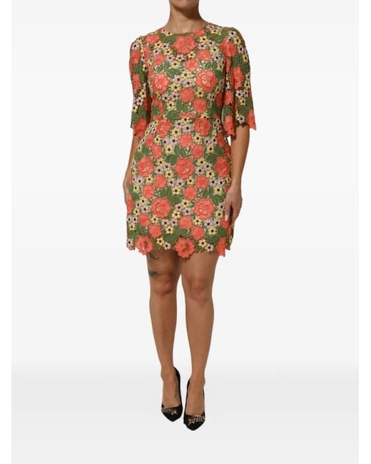 Dolce & Gabbana Orange Floral-Embroidery A-Line Mini Dress