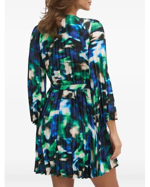 DKNY Blue Pleated Abstract-Print Mini Dress