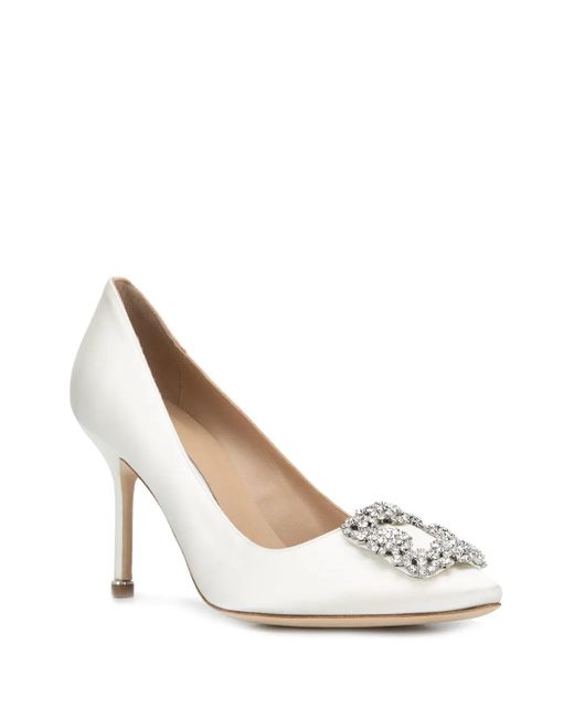Manolo Blahnik White Hangisi Buckle Pumps