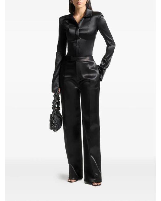 Manière De Voir Black Louise Wide-Shoulder Satin Shirt Bodysuit