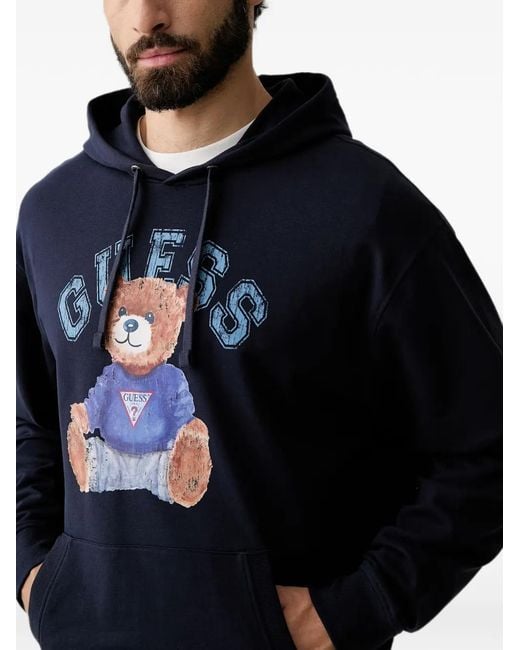 Guess Blue Logo-Print Teddy-Bear Hoodie for men