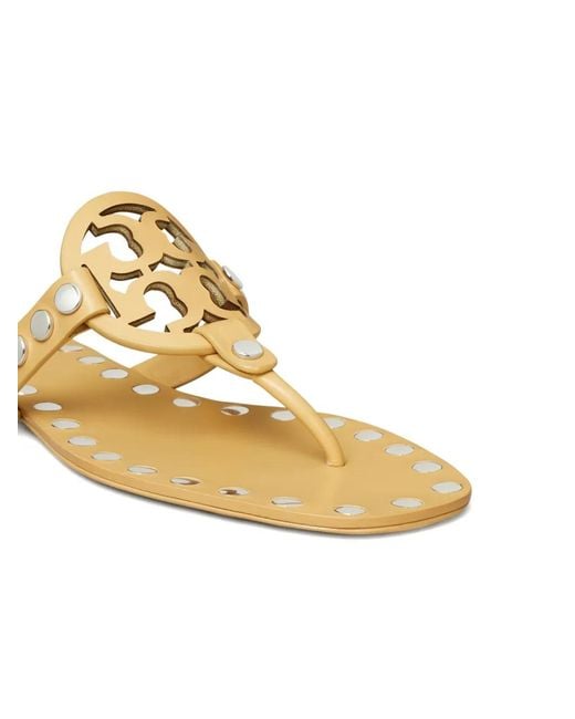 Tory Burch Natural Studded Miller Leather Flat Sandals