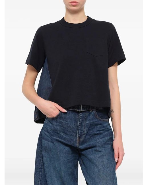 Sacai Blue Denim-Panelled Cotton T-Shirt