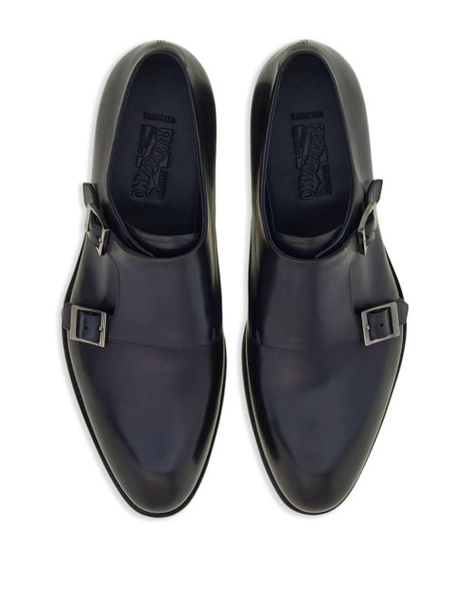 Ferragamo Blue Double-monkstrap Leather Monk Shoes for men