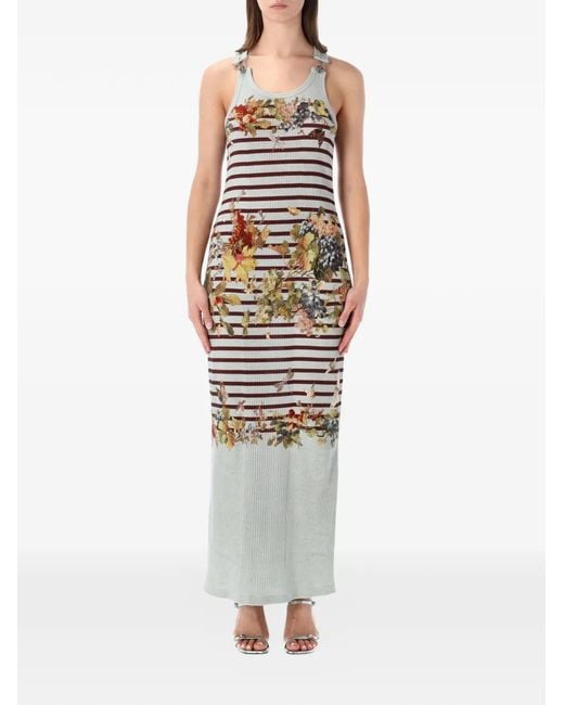 Jean Paul Gaultier White Striped Floral-Print Dress