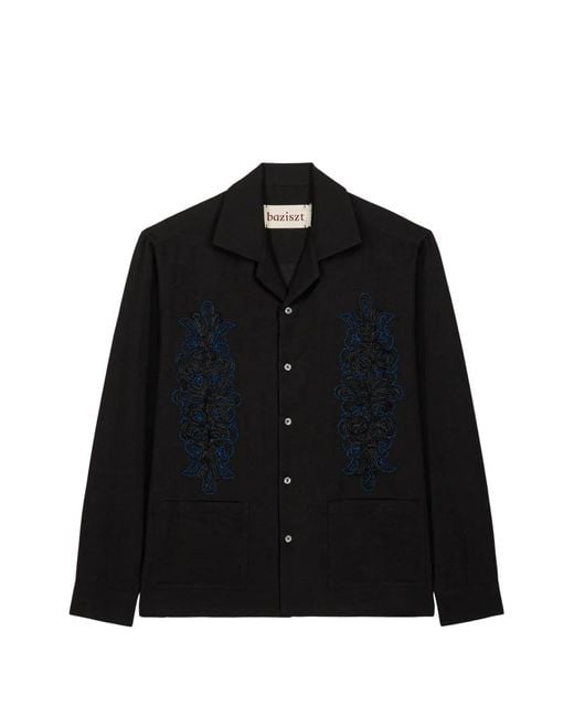 BAZISZT Black Duke Floral-Embroidered Shirt for men