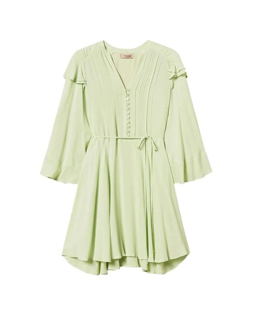 Twinset Green Robe Courte En Crêpe De Chine À Volants