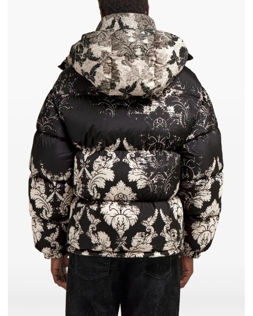 Roberto Cavalli Black Broccato-Print Puffer Jacket for men