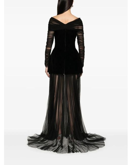 Ana Radu Black Sheer-Overlay Off-Shoulder Gown