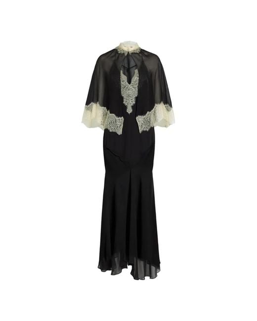 De La Vali Black Cielo Lace-Trim Cape-Detail Maxi Dress