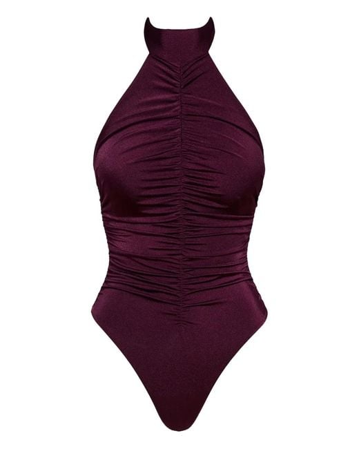 Noire Swimwear Purple Ruched Halterneck Swimsuit