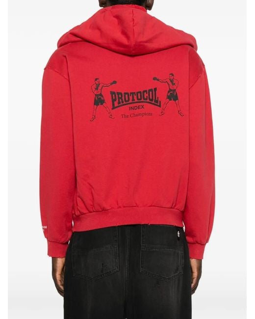 Protocol Index Red Terry Graphic-Print Zip-Up Sweatshirt