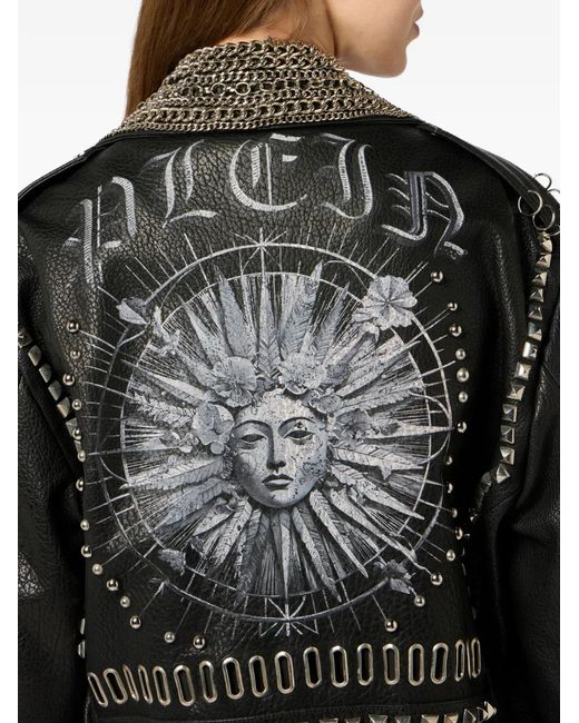 Philipp Plein Black Oversized Biker Jacket Studs Butterfly Tattoo