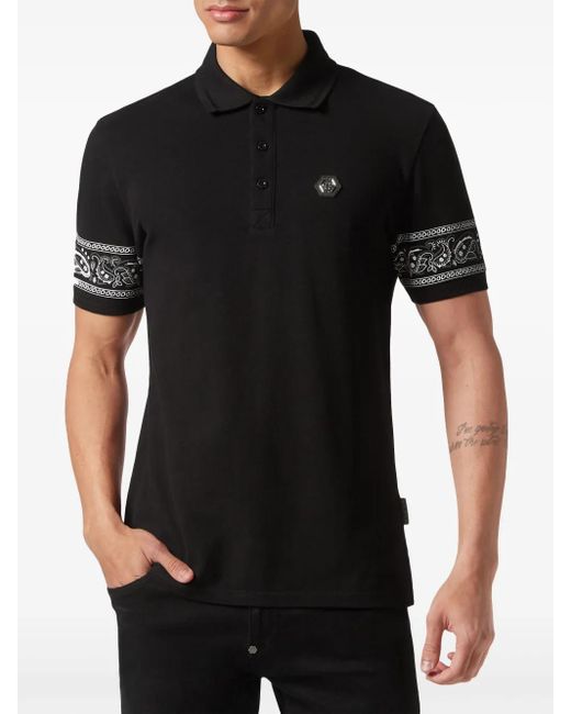 Philipp Plein Black Paisley Gothic Plein Polo Shirt for men