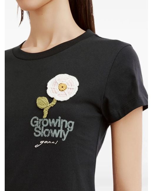 Ganni Black Crochet-Patch Logo-Print T-Shirt