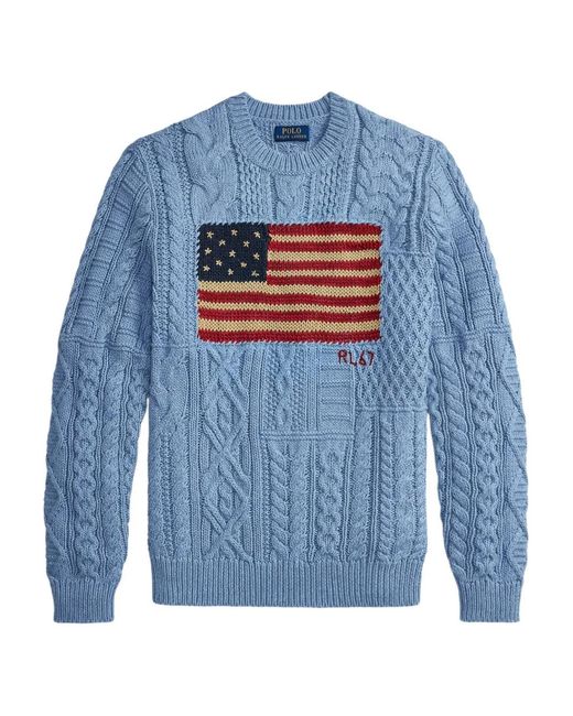 Polo Ralph Lauren Blue Aran-Knit Flag Sweater for men