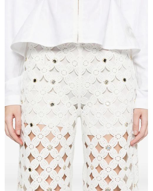 Maje White Crochet Trousers With Mirrors