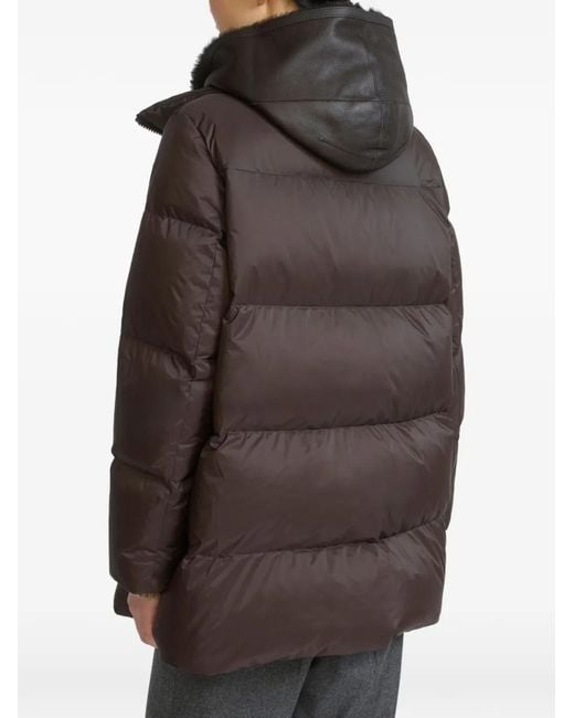 Yves Salomon Brown A-Line Shearling-Panel Down Coat