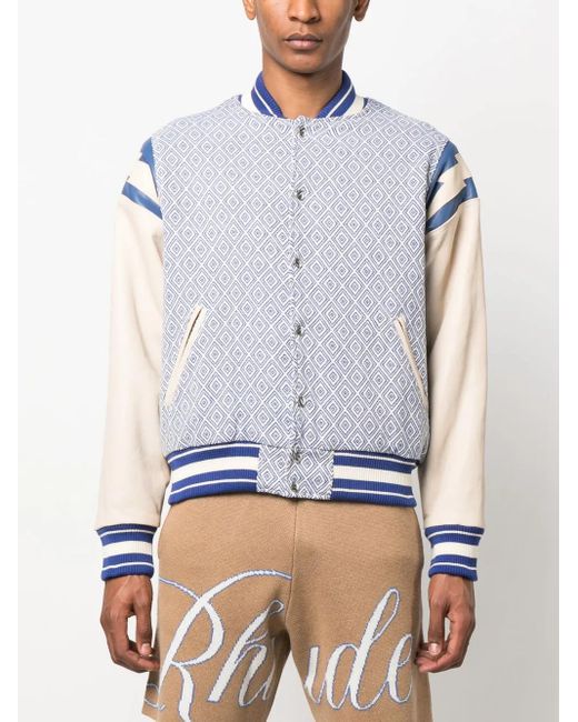 Rhude Blue Diamond-Jacquard Baseball Jacket for men