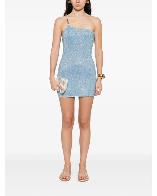Oseree Blue Chain-Embellished One-Shoulder Dress