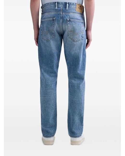 Replay Blue Faded-Effect Logo-Patch Jeans for men