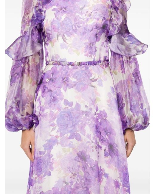 Nissa Purple Floral Ruffled Maxi Dress