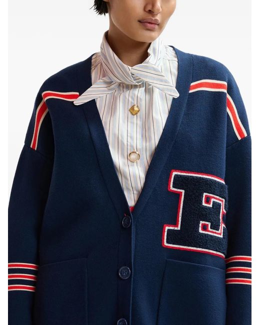 Essentiel Antwerp Blue Striped Letter-Appliqué Cardigan