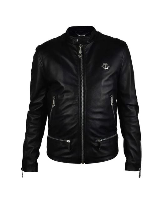 Philipp Plein Black Grained Leather Biker Jacket for men