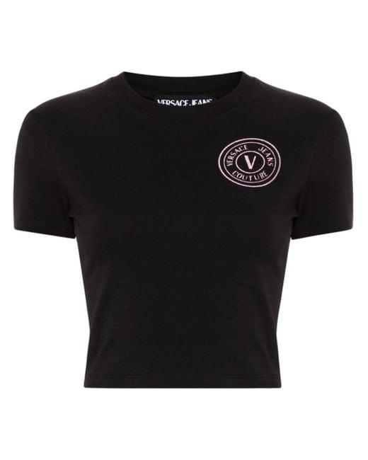 Versace Black Glitzer-T-Shirt mit E-Emblem
