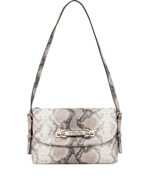 Guess White Snakeskin-Effect Chain Satchel Bag