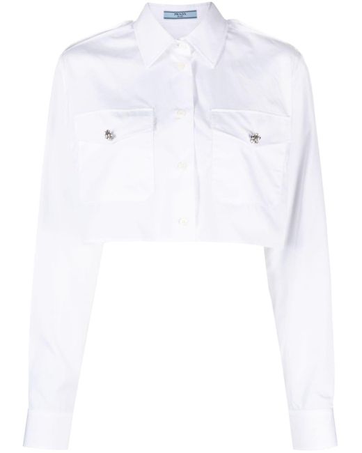 Prada White Crystal-embellished Cropped Cotton Shirt