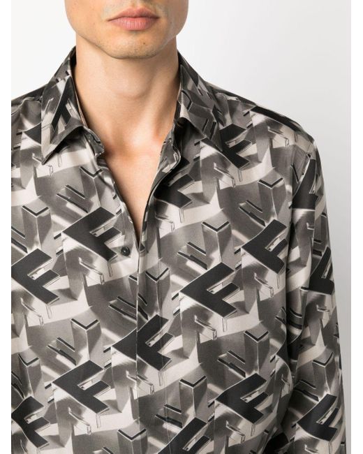 Fendi Gray Monogram-Print Silk Shirt for men