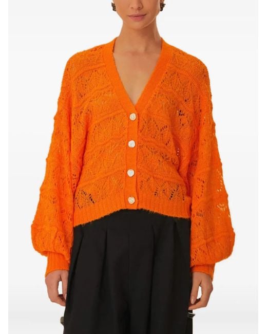Farm Rio Orange Balloon-Sleeve Open-Knit Cardigan