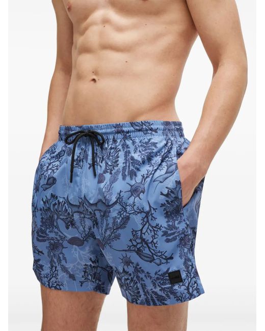 Boss Blue Floral Recycled Polyester Swim Shorts for men