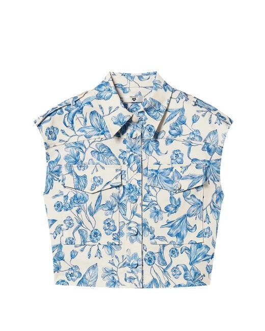 Twinset Blue Floral-Print Cotton Cropped Vest