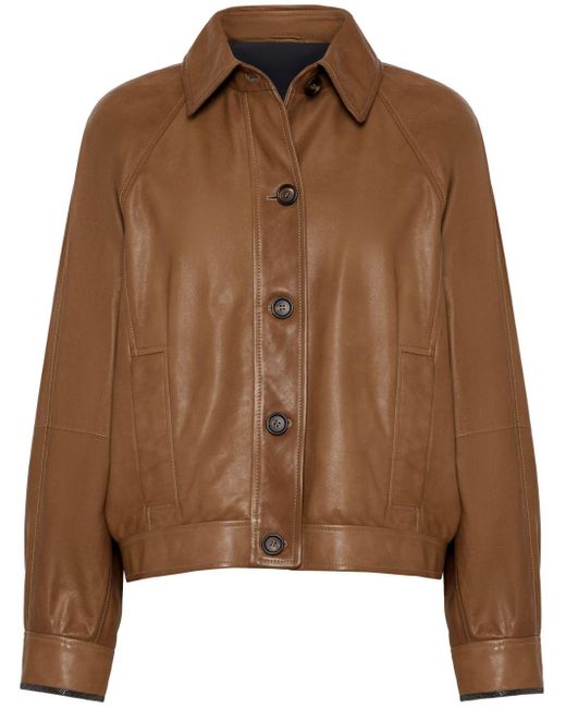 Brunello Cucinelli Brown Leather Monili-Detail Jacket